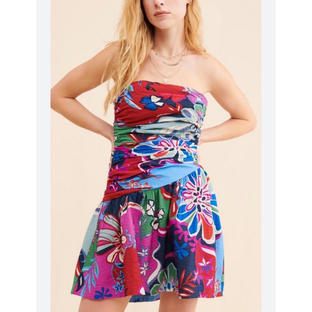 By Anthropologie Blue Pink Floral Lace-Up Side Zip Up Prom‎ Summer Mini Dress 6P